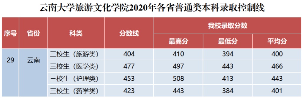 丽江文化旅游学院2020年三校生录取分数线